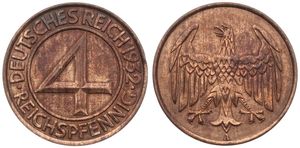 Germany, Weimar Republic, 4 Reichspfennig Bronze 1932A, Large denomination within circle, KM 75, XF