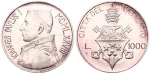 Vatican City, City State, 1000 Lire Silver 1978, Bust of Pope John Paul I left, KM 142, UNC