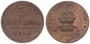 Italian States, Lombardy-Venetia, 3 Centesimi Copper 1822M, Crown with ribbons, KM 2.2 (Milan), XF