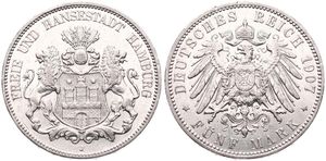 German States, Hamburg, Free City, 5 Mark Silver 1907J, Helmeted arms with lion supporters, KM 293, XF