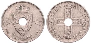 Norway, Kingdom, Haakon VII, 50 Ore Copper-Nickel 1923, Crowned monograms form cross, KM 380, VF+