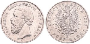 German States, Baden, Friedrich I, 5 Mark Silver 1888G, Bearded head left, KM 263.2, (Inverted V for A of Baden in legend), VF