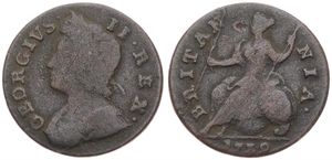 Great Britain, Kingdom, George II, 1/2 Penny Copper 1739, Laureate bust left, KM 566, Fine