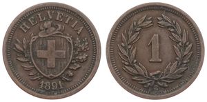 Switzerland, Confederation, 1 Rappen Bronze 1891, Cross in shield within sprigs, KM 3.1, VF