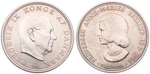 Denmark, Kingdom, Frederik IX, 5 Kroner Silver 1964, Wedding of Princess Anne Marie, KM 854, UNC