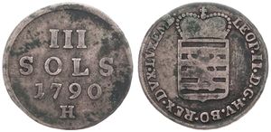 Luxembourg, Grand Duchy, Leopold II, 3 Sols Silver 1790H, Crowned arms, KM 16, Fine