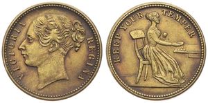 Great Britain, Kingdom, Victoria, Token in Brass ND (ca 1850), Gambling Token, Bust of the Queen left / Keep your Temper : Woman playing cards, VF