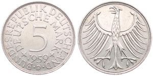 Germany, Federal Republic, 5 Mark Silver 1959D, Eagle with wings spread, KM 112.1, SCARCER DATE, XF