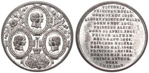 Great Britain, Kingdom, Victoria, Medal in Tin 1850, Three Medaillons with Royal Portraits : Victoria, Albert, Alice, Alfred, Helena, Louisa & Prince Arthur / Legend in 16 lines, A.UNC
