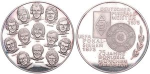 Germany, Federal Republic, Medal in Silver 1975, Deutscher Fussball Meister - UEFA Pokal Sieger - 75 Jahre Borussia Munchen Gladbach / 13 Heads of Soccer Players, PROOF