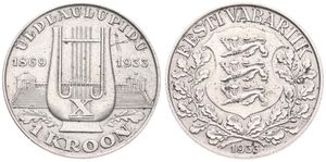 Estonia, Republic, 1 Kroon Silver 1933, 10th Singing Festival - Harp, KM 14, XF (some scratches)