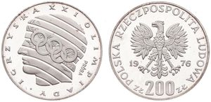 Poland, Probas Coins : 200 Zlotych Silver 1976, Stylized head with Olympic rings, KM Pr 287, PROOF
