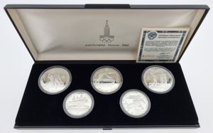 Russia, (U.S.S.R.), Official Olympics SILVER coin Set (1980) (5) in original box with certificate, KM div, PROOF