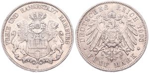 German States, Hamburg, Free City, 5 Mark Silver 1908J, Helmeted arms with lion supporters, KM 293, XF