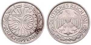 Germany, Weimar Republic, 50 Reichspfennig Nickel 1931J, Denomination within lined circle, KM 49, VF