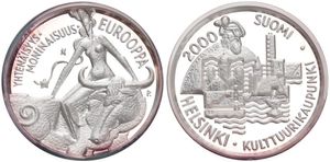 Finland, Republic, Medal in Silver 2000 by Reijo Paavilainen, EMC Medal, 450 Years Helsinki and Cultural Capital of Europe / Europe and Bull, PROOF 