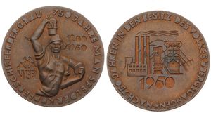 Germany, Federal Republic, Medal in Copper 1950, 750 Jahre Mansfelder Kupferschiefer Bergbau - Ubergang in den Volksbesitz, Miner / Factory, A.UNC