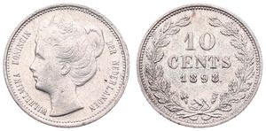 Netherlands, Kingdom, Wilhelmina I, 10 Cents Silver 1898, Crowned head left, KM 119, VF+