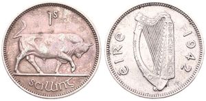 Ireland, Republic, 1 Shilling Silver 1942, Bull walking left, KM 14, SCARCE KEY DATE, VF