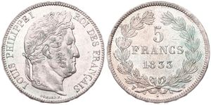 France, Second Kingdom, Louis Philippe I, 5 Francs Silver 1833W, Laureate head right, KM 749.13 Lille, XF