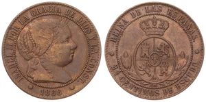 Spain, Kingdom, Isabel II, 2-1/2 Centimos Copper 1868 OM, Laureate head within circle right, KM 634.1, A.XF