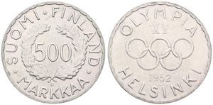 Finland, Republic, 500 Markkaa Silver 1952H, Olympic logo above date, KM 35, UNC
