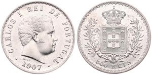 Portugal, Kingdom, Carlos I, 500 Reis Silver 1907, Head right, KM 535, XF