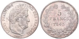 France, Second Kingdom, Louis Philippe I, 5 Francs Silver 1843W, Laureate head right, KM 749.13 (Lille), A.UNC