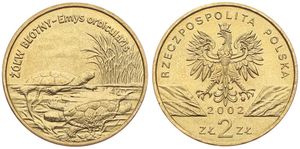 Poland, Republic, 2 Zlote Brass 2002, European pond turtles, KM 427, UNC