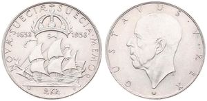 Sweden, Kingdom, Gustaf V, 2 Kronor Silver ND (1938), 300th Anniversary of the Settlement of Delaware, KM 807, UNC