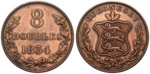 Guernsey, British Dependency, Victoria, 8 Doubles Copper 1834, Leaves above shield, KM 3, VF (slightly cleaned)