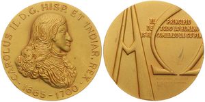Spain, Kingdom, Franco, Medal in Gilt Bronze 1965 by Calico, Kings of Spain, Bust of Carolus II right (1665-1700) / El principio de todo lo humano es el comienzo de su fin, UNC
