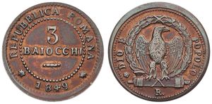 Italian States, Roman Republic, 3 Baiocchi Copper 1849R, Eagle with wings spread within wreath, KM 23.2, A.XF