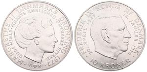Denmark, Kingdom, Margrethe II, 10 Kroner Silver 1972, Death of Frederik IX & Accession of Margrethe II, KM 858, UNC
