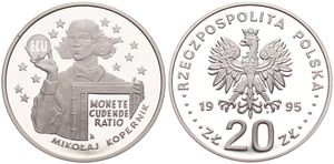 Poland, Republic, 20 Zlotych Silver 1995, Copernicus holding Ecu, KM 302, PROOF