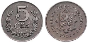 Luxembourg, Grand Duchy, Charlotte, 5 Centimes Iron 1921, National arms above date, KM 30, SCARCE DATE, UNC
