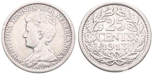 Netherlands, Kingdom, Wilhelmina I, 25 Cents Silver 1913, Crowned bust left, KM 146, Fine