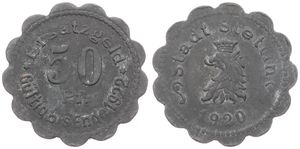 Germany, Emergency Coinage, Stettin, 50 Pfennig Iron 1920, Legend surrounding crowned eagle / Legend surrounding denomination, XF