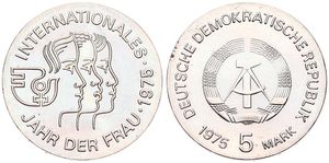 Germany, Democratic Republic, 5 Mark Copper-Nickel 1975, International Women's Year, KM 55, UNC