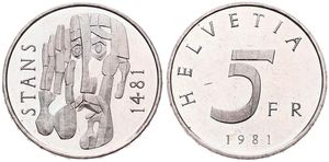Switzerland, Confederation, 5 Francs Copper-Nickel 1981, 500th Anniversary of the Stans Convention, KM 60, UNC