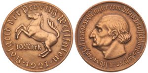 Germany, Emergency Coinage, Westfalen, 10 Mark Copper 1921, Head of Minister vom Stein left / Roaring horse above value and date, XF 