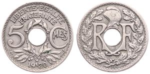 France, Republic, 5 Centimes Copper-Nickel 1920, Center hole divides monogram, KM 875, SCARCE KEY DATE, XF