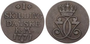 Denmark, Kingdom, Christian VII, 1 Skilling Copper 1771, Crowned double C7 monogram, KM 616 (with dot between KM - 29,50 mm), VF