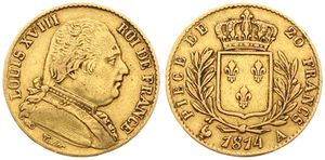 France, First Restoration, Louis XVIII, 20 Francs Gold 1814A, Bust right / Crowned arms within wreath, KM 706.1 Paris, VF (*)