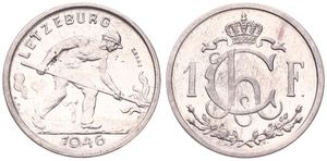 Luxembourg, Grand Duchy, Charlotte, 1 Franc Silver 1946, Man working field, KM E47 - ESSAI, PROOFLIKE