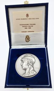 Italy, Republic, Medal in Silver 1998 by Giorgi & Mauri, 100 Years Federazione Italiana Giuoco Calcio, Bust of La Dea Roma left / Number 100 on Soccer shirt, UNC