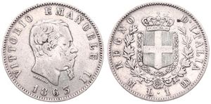 Italy, Kingdom, Vittorio Emanuele II, 1 Lira Silver 1863M BN, Bearded head right, KM 5a.1, F/VF
