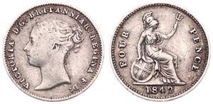 Great Britain, Kingdom, Victoria, 4 Pence Silver 1842, Bust of the Queen left, KM 731,  VF (VARIETY : Queen's head incuse on reverse !!)