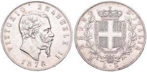 Italy, Kingdom, Vittorio Emanuele II, 5 Lire Silver 1878R, Bearded head right, KM 8.4, XF