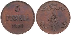 Finland, Grand Duchy, Alexander III, 5 Pennia Copper 1889, Crowned Monogram, KM 11, XF